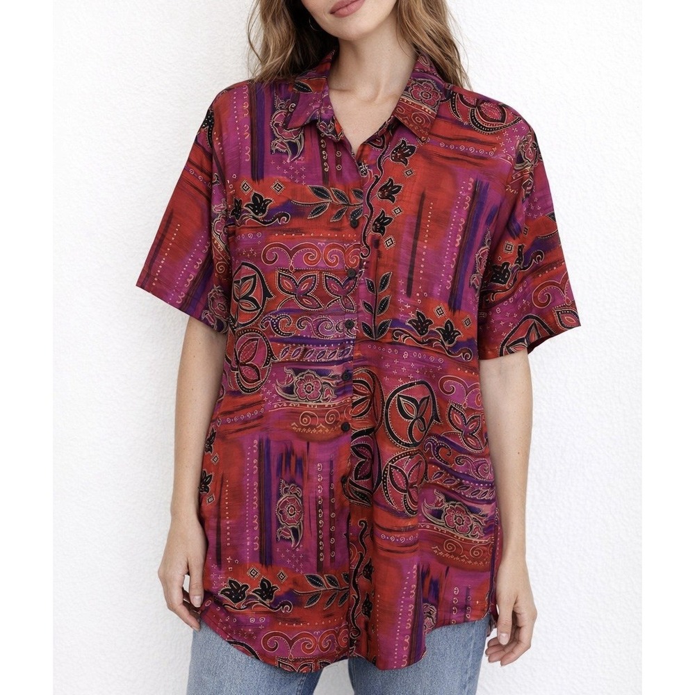 NWT Women's Blouse Large red purple vintage Short sleeve